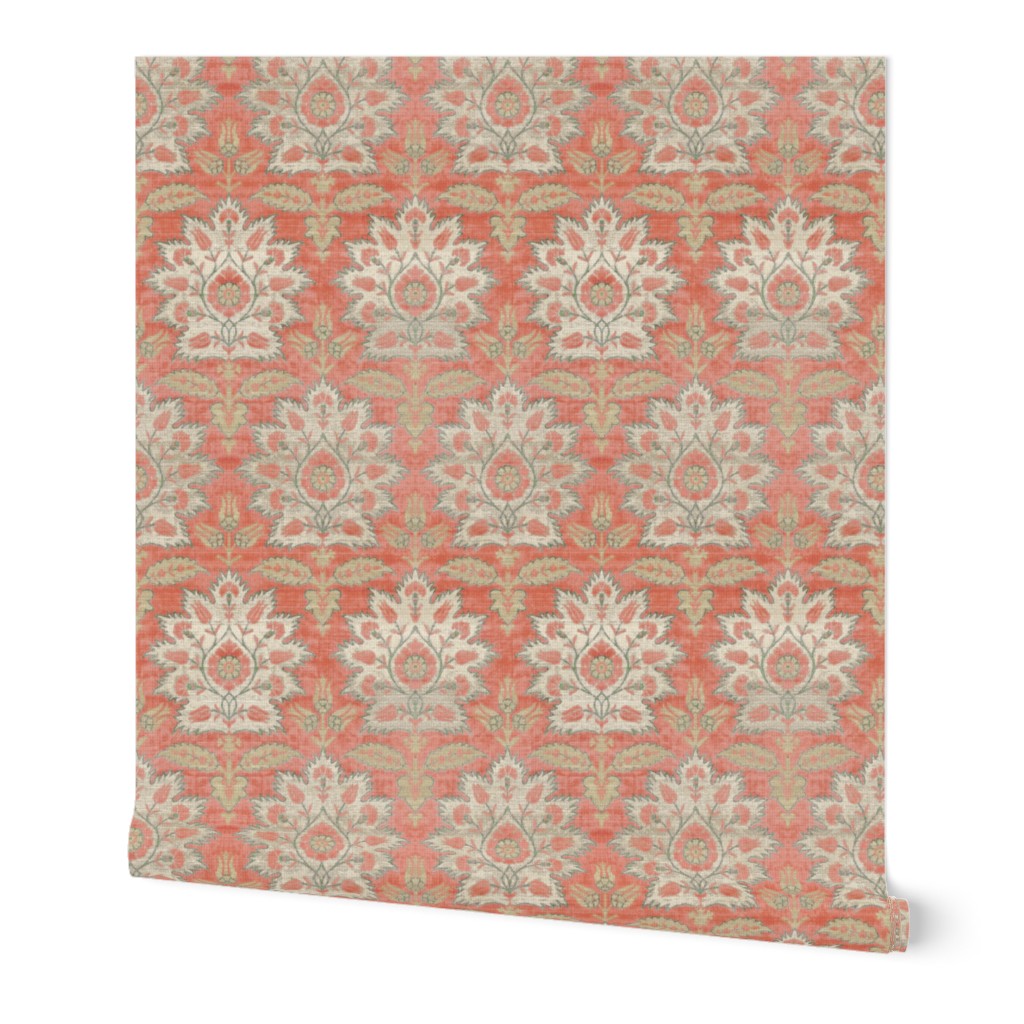 Carnations and Tulips Damask Ikat ~ Mint and Coral 