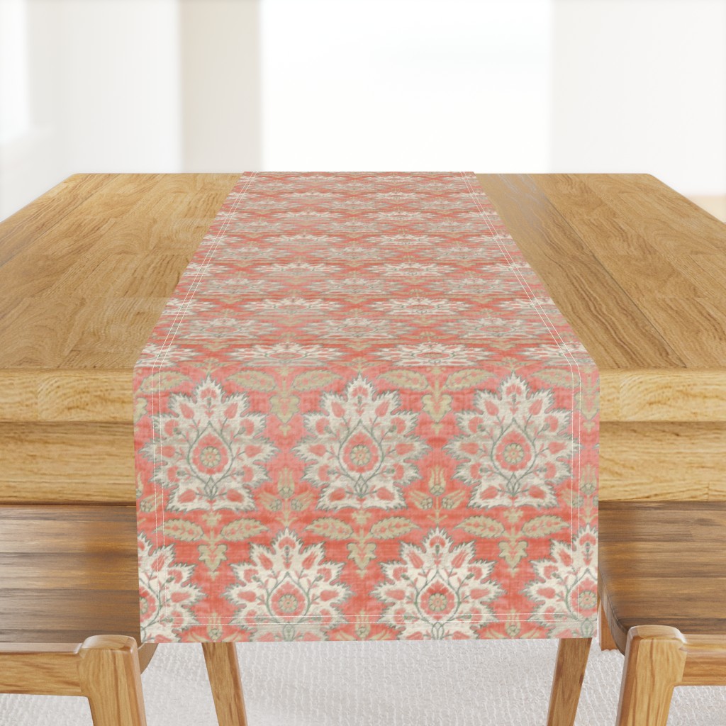 Carnations and Tulips Damask Ikat ~ Mint and Coral 