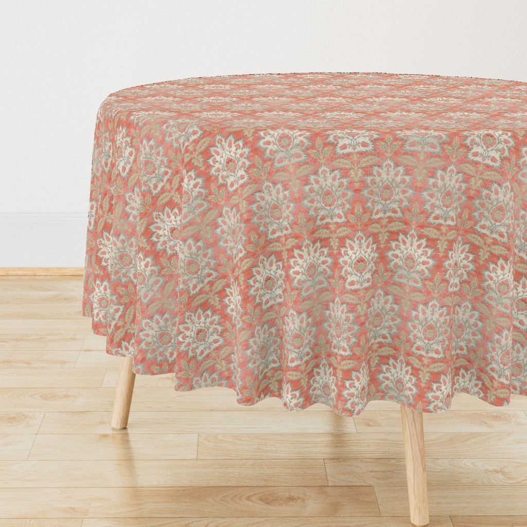 Carnations and Tulips Damask Ikat ~ Mint and Coral 