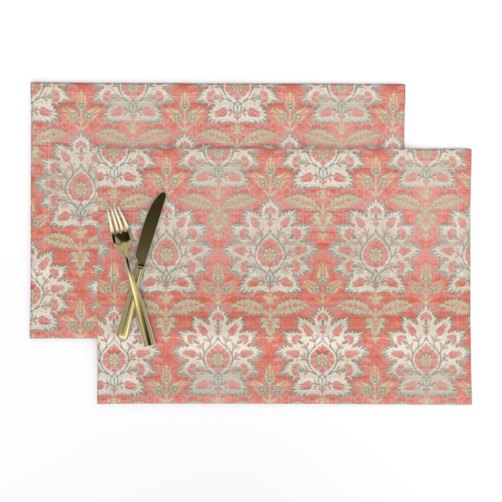 Carnations and Tulips Damask Ikat ~ Mint and Coral 