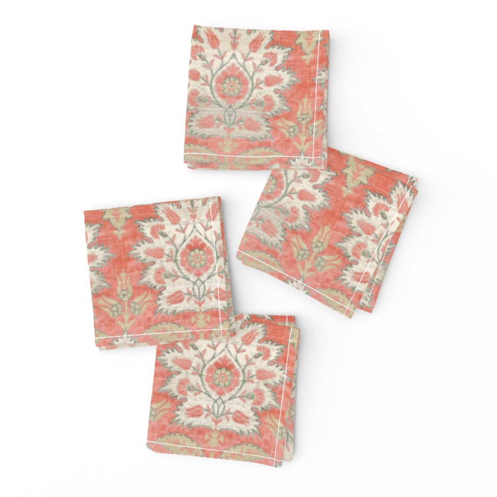 Carnations and Tulips Damask Ikat ~ Mint and Coral 