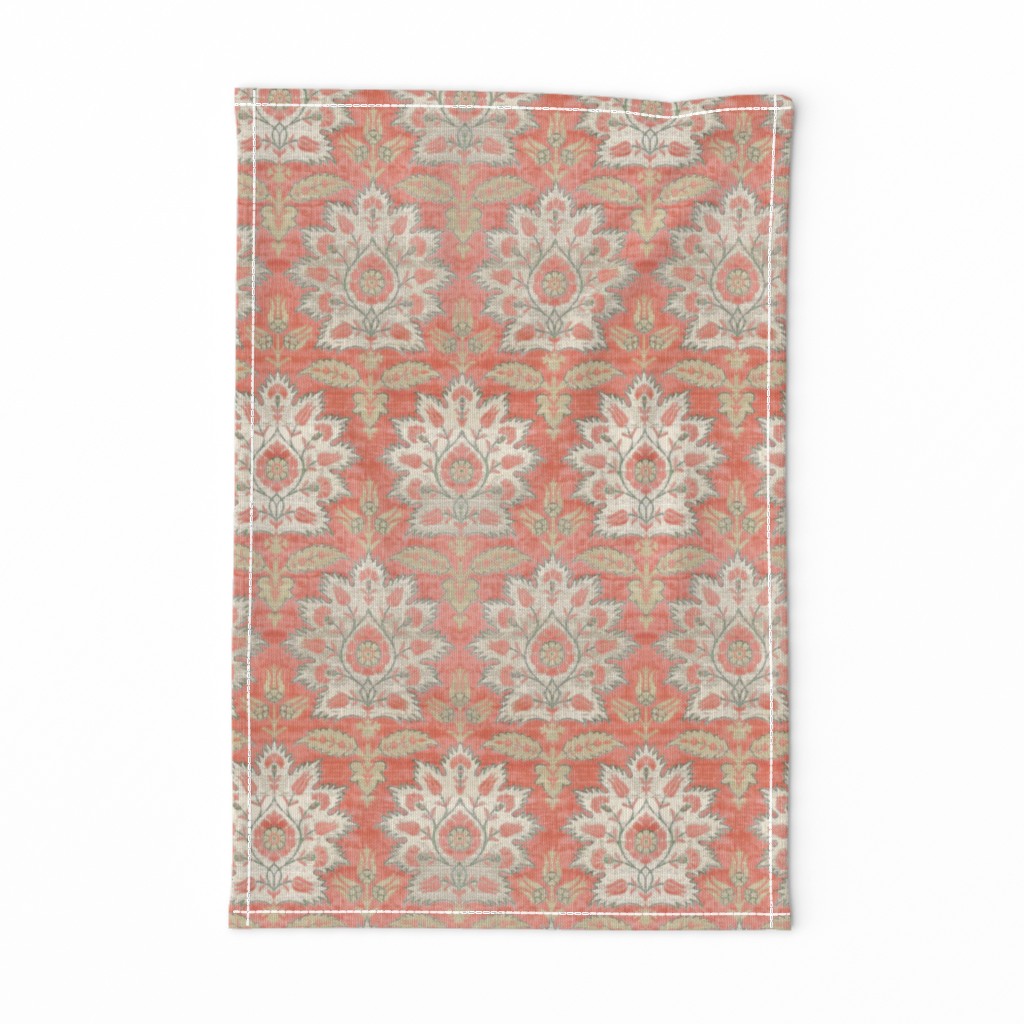 Carnations and Tulips Damask Ikat ~ Mint and Coral 