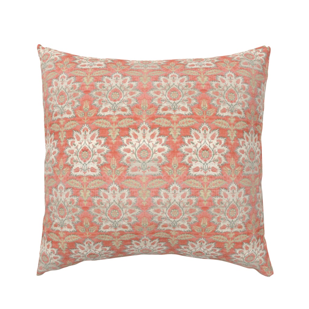 Carnations and Tulips Damask Ikat ~ Mint and Coral 
