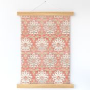 Carnations and Tulips Damask Ikat ~ Mint and Coral 