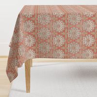 Carnations and Tulips Damask Ikat ~ Mint and Coral 