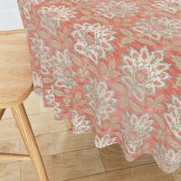 Carnations and Tulips Damask Ikat ~ Mint and Coral 