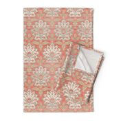 Carnations and Tulips Damask Ikat ~ Mint and Coral 