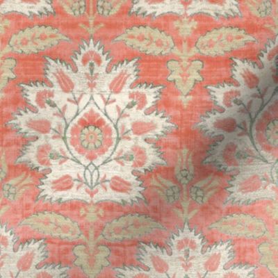 Carnations and Tulips Damask Ikat ~ Mint and Coral 