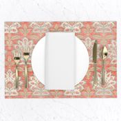 Carnations and Tulips Damask Ikat ~ Mint and Coral 