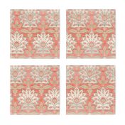 Carnations and Tulips Damask Ikat ~ Mint and Coral 