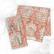 Carnations and Tulips Damask Ikat ~ Mint and Coral 