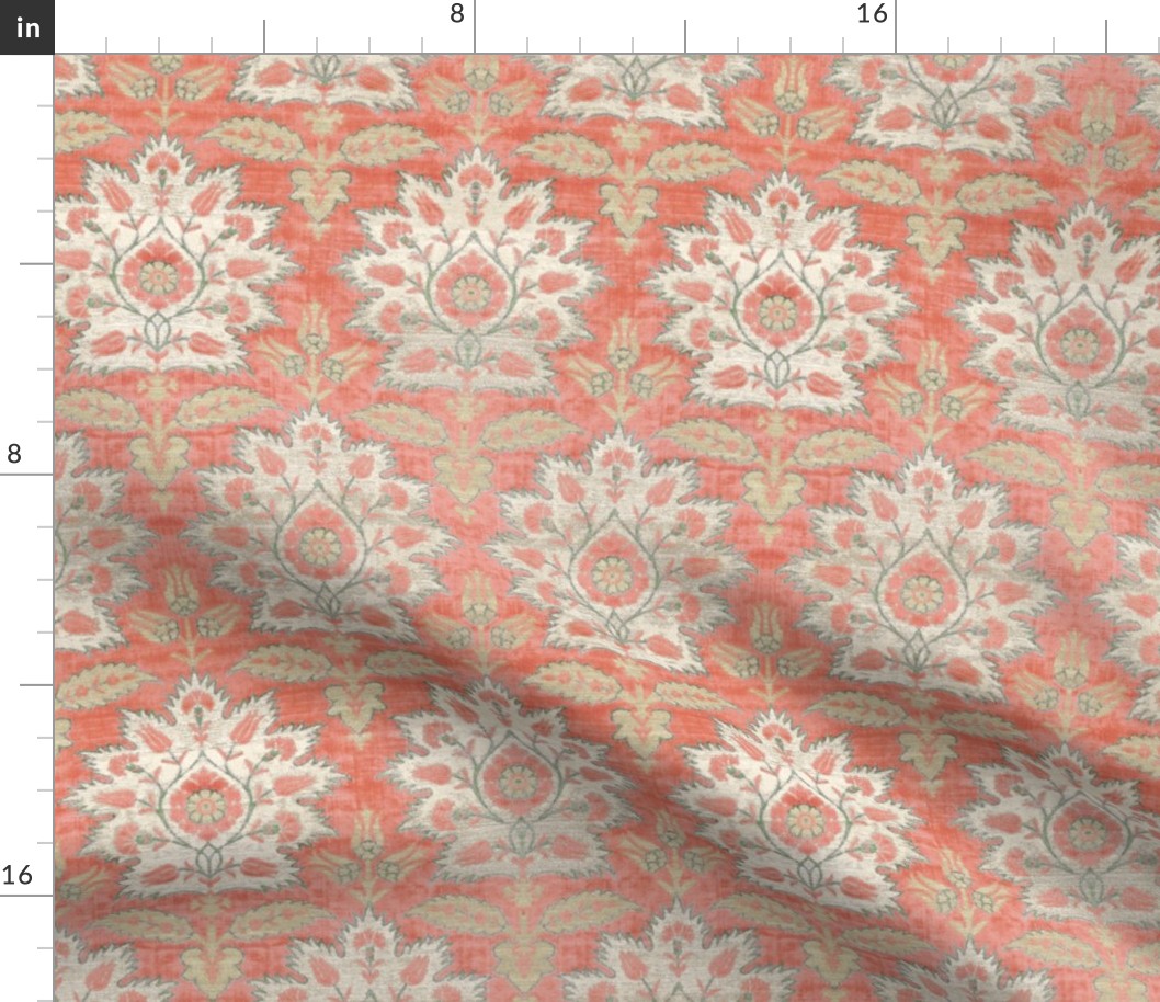 Carnations and Tulips Damask Ikat ~ Mint and Coral 