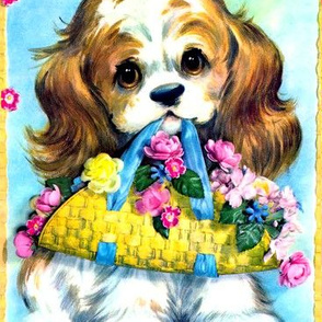 dogs puppy puppies flowers baskets cavalier king Charles spaniel vintage retro kitsch whimsical lolita