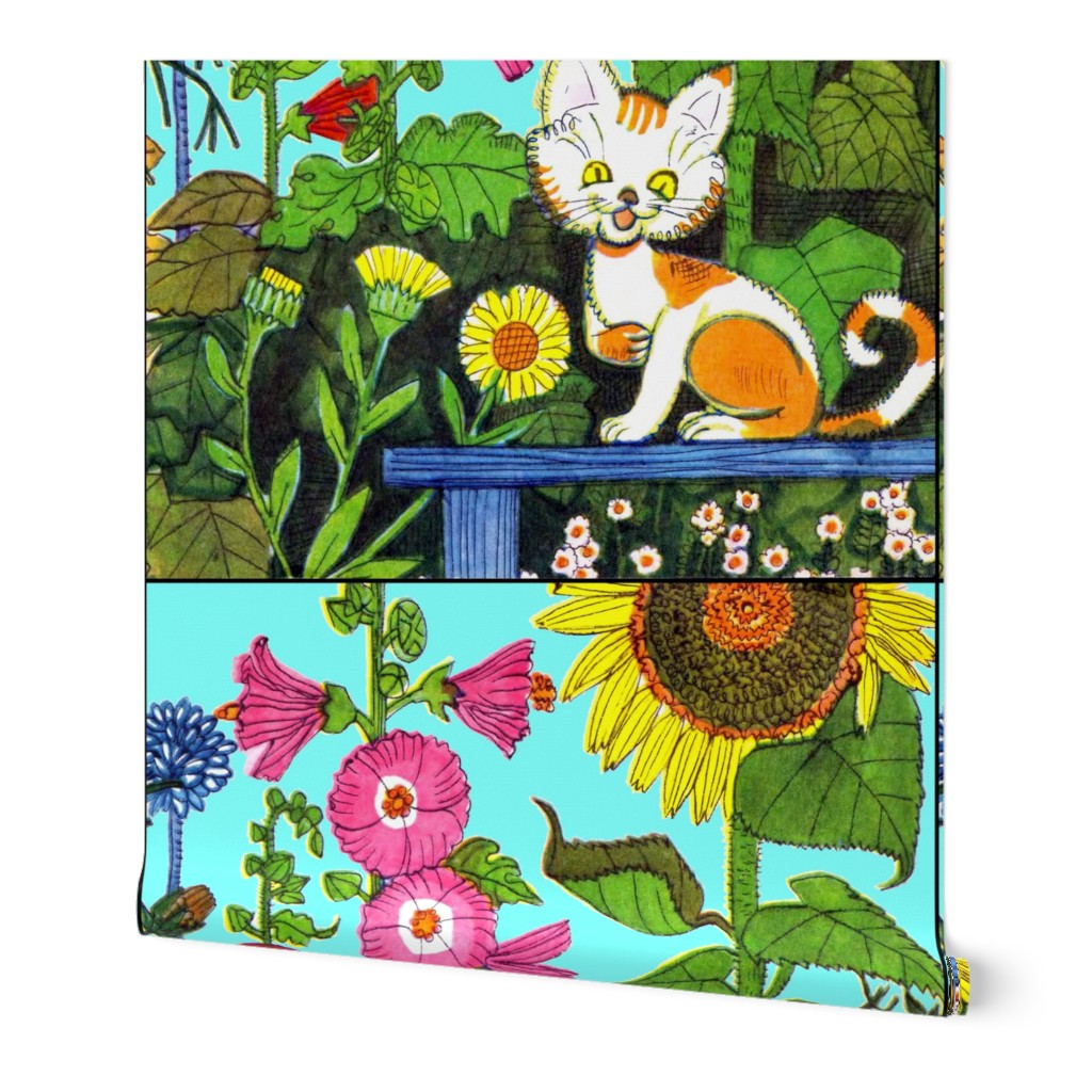 colorful flowers gardens cats pussy kittens sunflowers morning glory vintage retro kitsch 