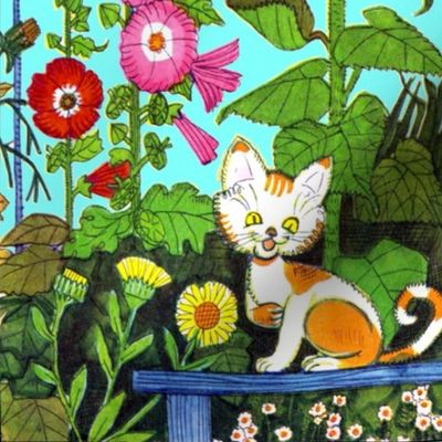 colorful flowers gardens cats pussy kittens sunflowers morning glory vintage retro kitsch 