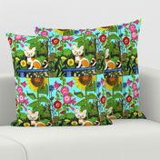 colorful flowers gardens cats pussy kittens sunflowers morning glory vintage retro kitsch 