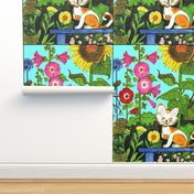 colorful flowers gardens cats pussy kittens sunflowers morning glory vintage retro kitsch 