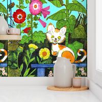 colorful flowers gardens cats pussy kittens sunflowers morning glory vintage retro kitsch 