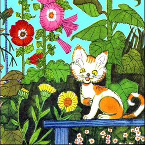 colorful flowers gardens cats pussy kittens sunflowers morning glory vintage retro kitsch 