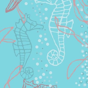 Kelp, Conch & Seahorses on Blue