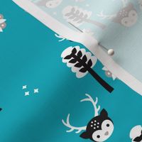 Cute winter blue reindeer moose woodland tree and snow flake kids illustration print