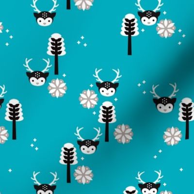 Cute winter blue reindeer moose woodland tree and snow flake kids illustration print