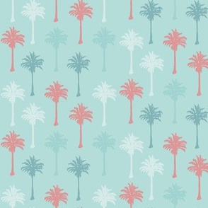 Palm Trees in Coral, Dark Teal and White on Light Teal