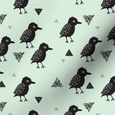 Cute pastel mint and black blackbird birds illustration print and geometric details