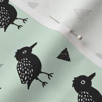 Cute pastel mint and black blackbird birds illustration print and geometric details