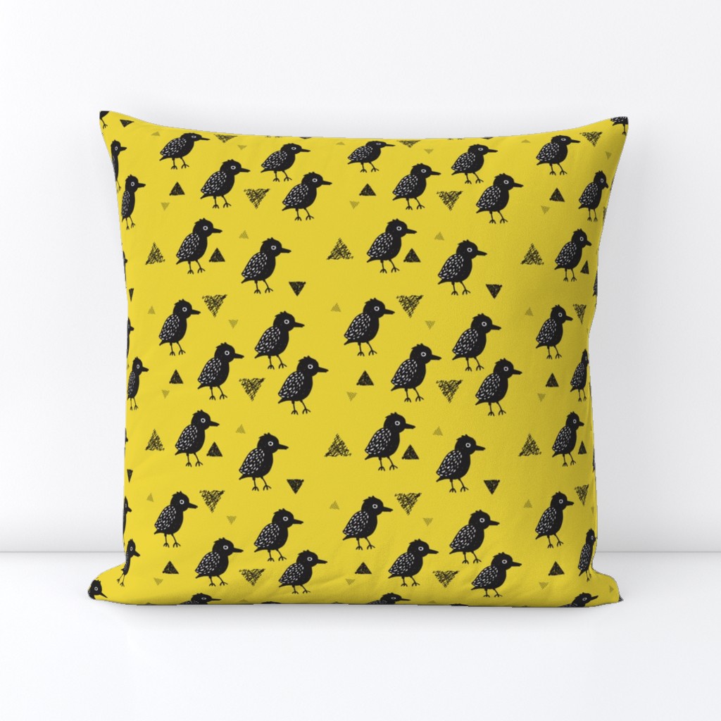 Cute colorful mustard blackbird birds illustration print and geometric details