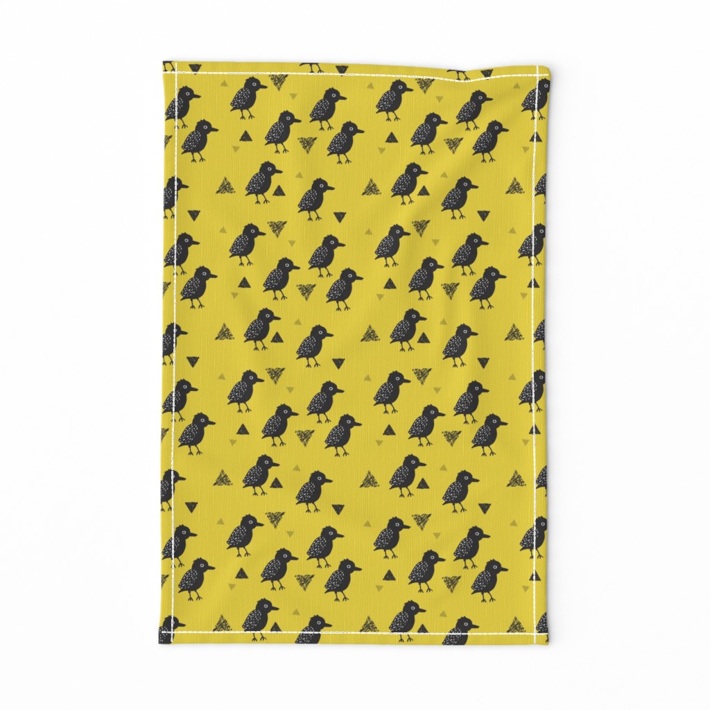 Cute colorful mustard blackbird birds illustration print and geometric details