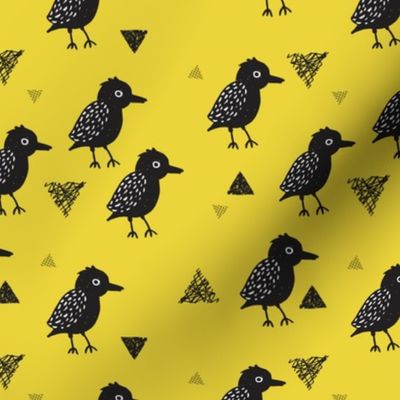 Cute colorful mustard blackbird birds illustration print and geometric details