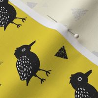 Cute colorful mustard blackbird birds illustration print and geometric details