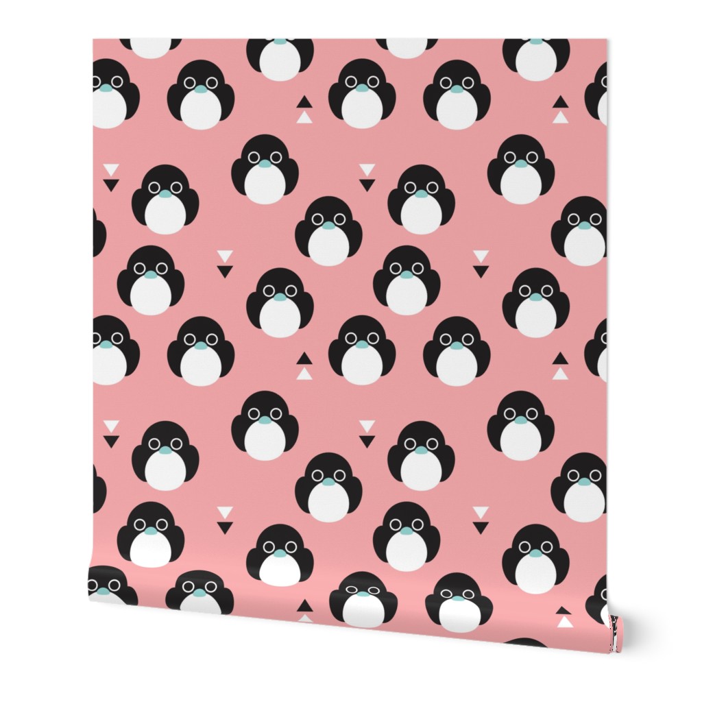 Adorable pink baby penguin birds with geometric detailing for girls