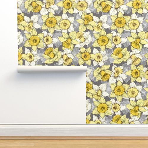 Daffodil Daze Yellow Grey White Flo Spoonflower