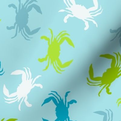 Crabs in blues, greens and whites on blue