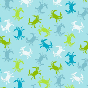 Crabs in blues, greens and whites on blue