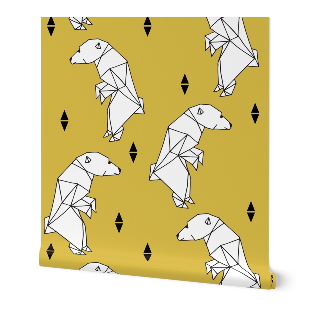 walking polar bear // mustard bear walking polar bear arctic bear yellow nursery fabric endangered animals fabric