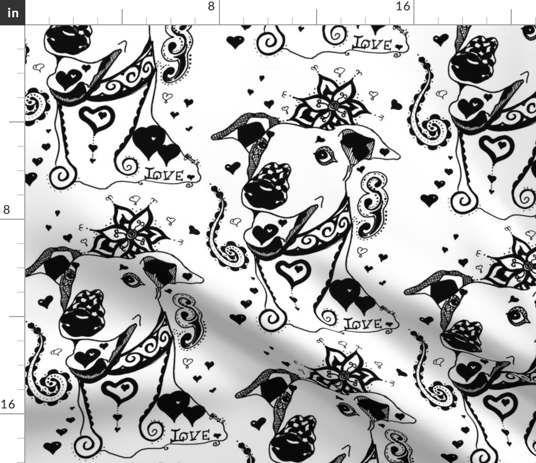 Greyhound Love Swirls Hearts Black White