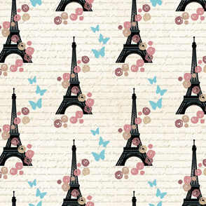 Parisian Spring: Eiffel Tower with Roses and Butterflies