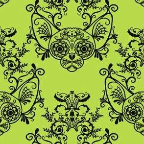  Sugar Skull Sphynx Cat Damask Lime Green