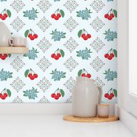 1940's Style Kitchen Cherry Wallpaper in Blue: Large Print