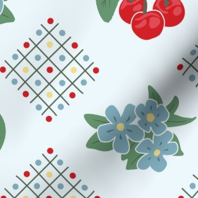 1940's Style Kitchen Cherry Wallpaper in Blue: Large Print