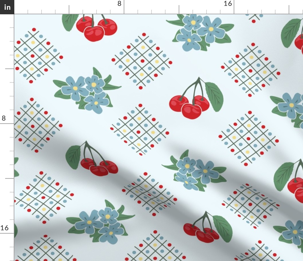 1940's Style Kitchen Cherry Wallpaper in Blue: Large Print