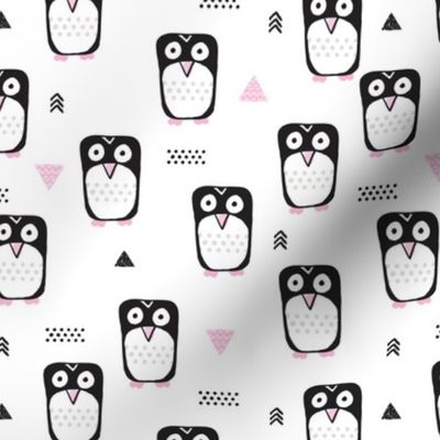 Cute geometric penguins for girls black white and pink illustration for winter