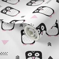 Cute geometric penguins for girls black white and pink illustration for winter