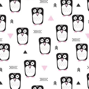 Cute geometric penguins for girls black white and pink illustration for winter