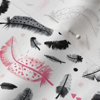 Geometric watercolor feathers in black white and pink scandinavian style illustration design