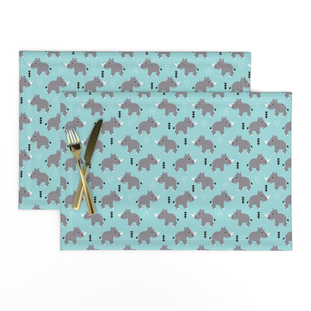 Cute Rhino jungle safari blue geometric woodland animals adorable kids illustration pattern in blue