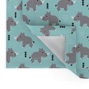 Cute Rhino jungle safari blue geometric woodland animals adorable kids illustration pattern in blue